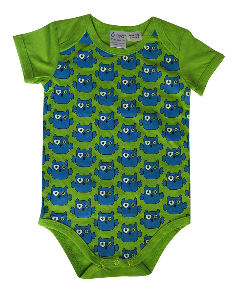 Owl on lime - baby suit - deezo the happy fashion